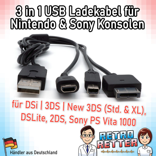 3in1 USB Ladekabel für alle Nintendo DS/3DS/2DS/DSi Varianten ab DS Lite & Sony PS Vita