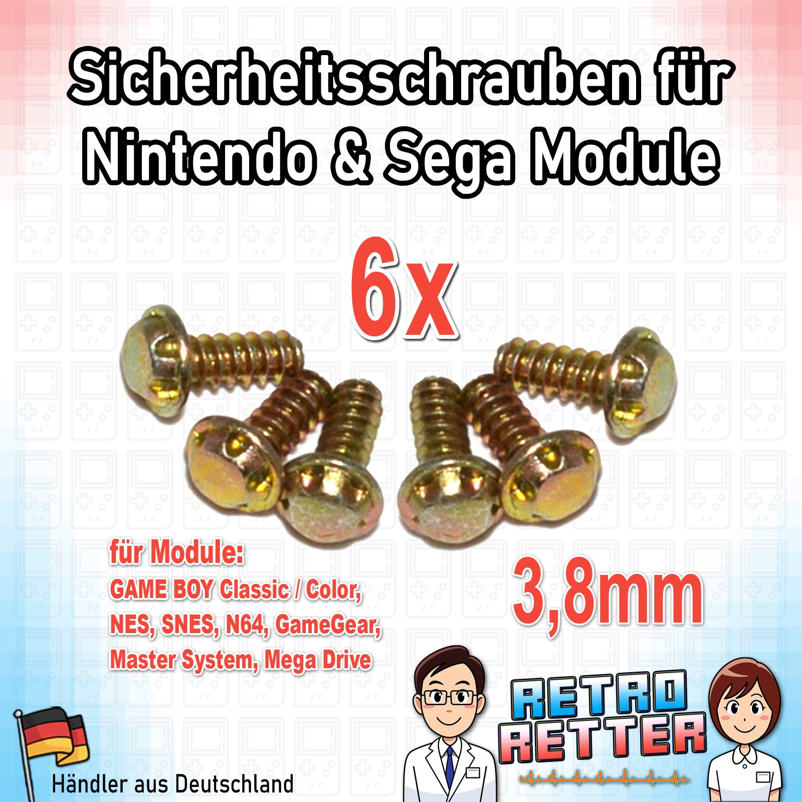 6x 3,8 mm Sicherheitsschrauben für Nintendo GAME BOY / NES / SNES / N64 Module