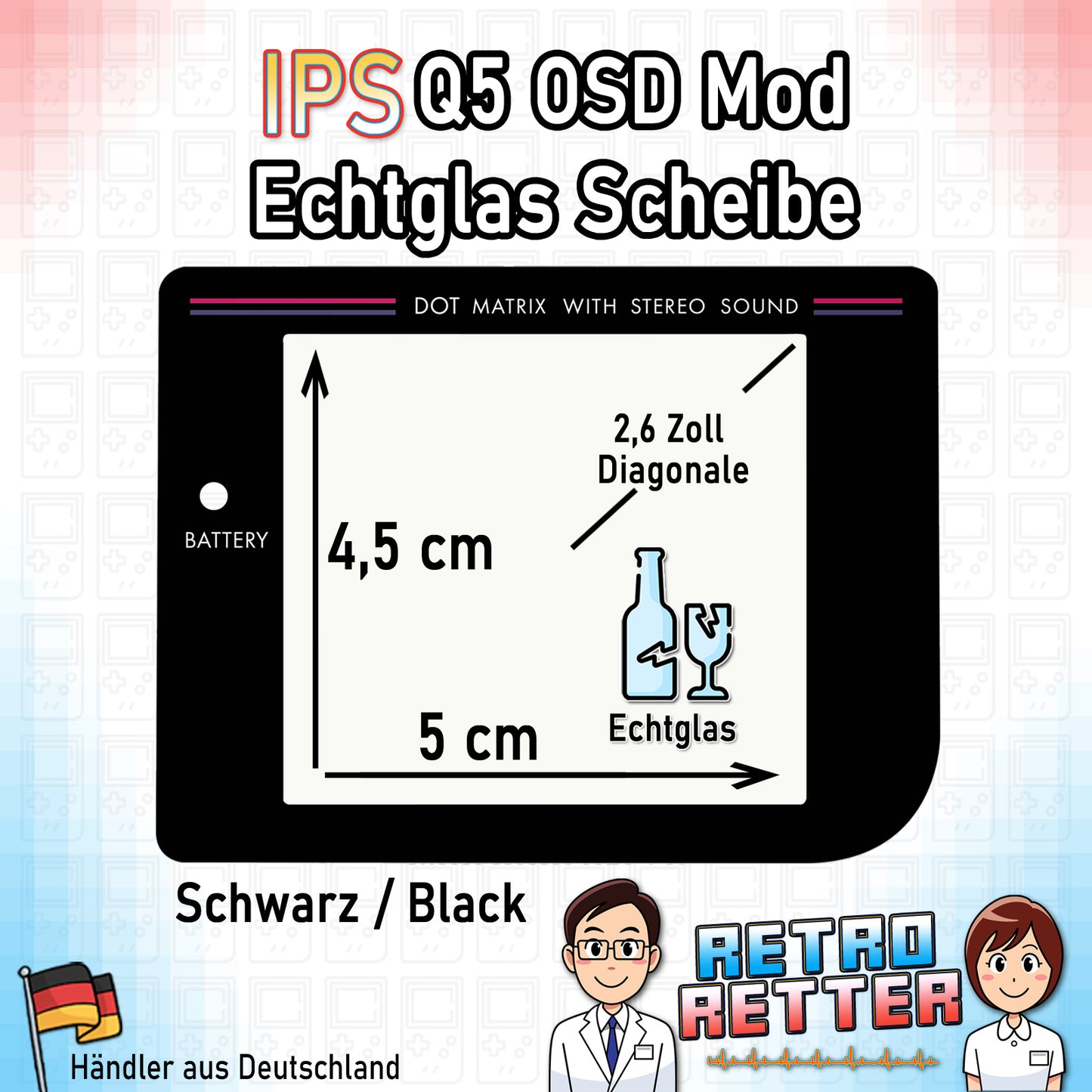 GAME BOY Classic Q5 IPS Display Scheibe - Echtglas, mit Farbwahl