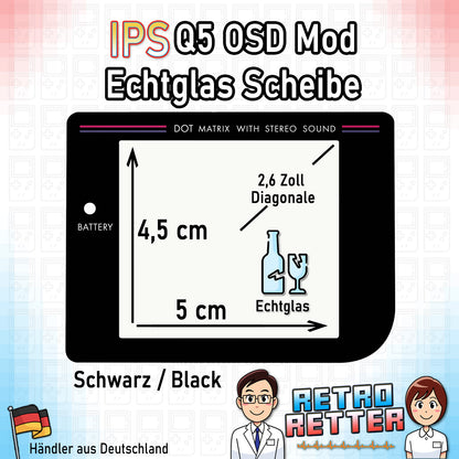 GAME BOY Classic Q5 IPS Display Scheibe - Echtglas, mit Farbwahl